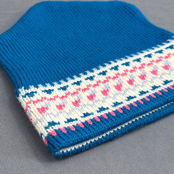 VTG MadHatter Wool Knit Beanie Hat Blue Pink Fair Isle Heart Canada Retro 80s OS - Picture 7 of 16